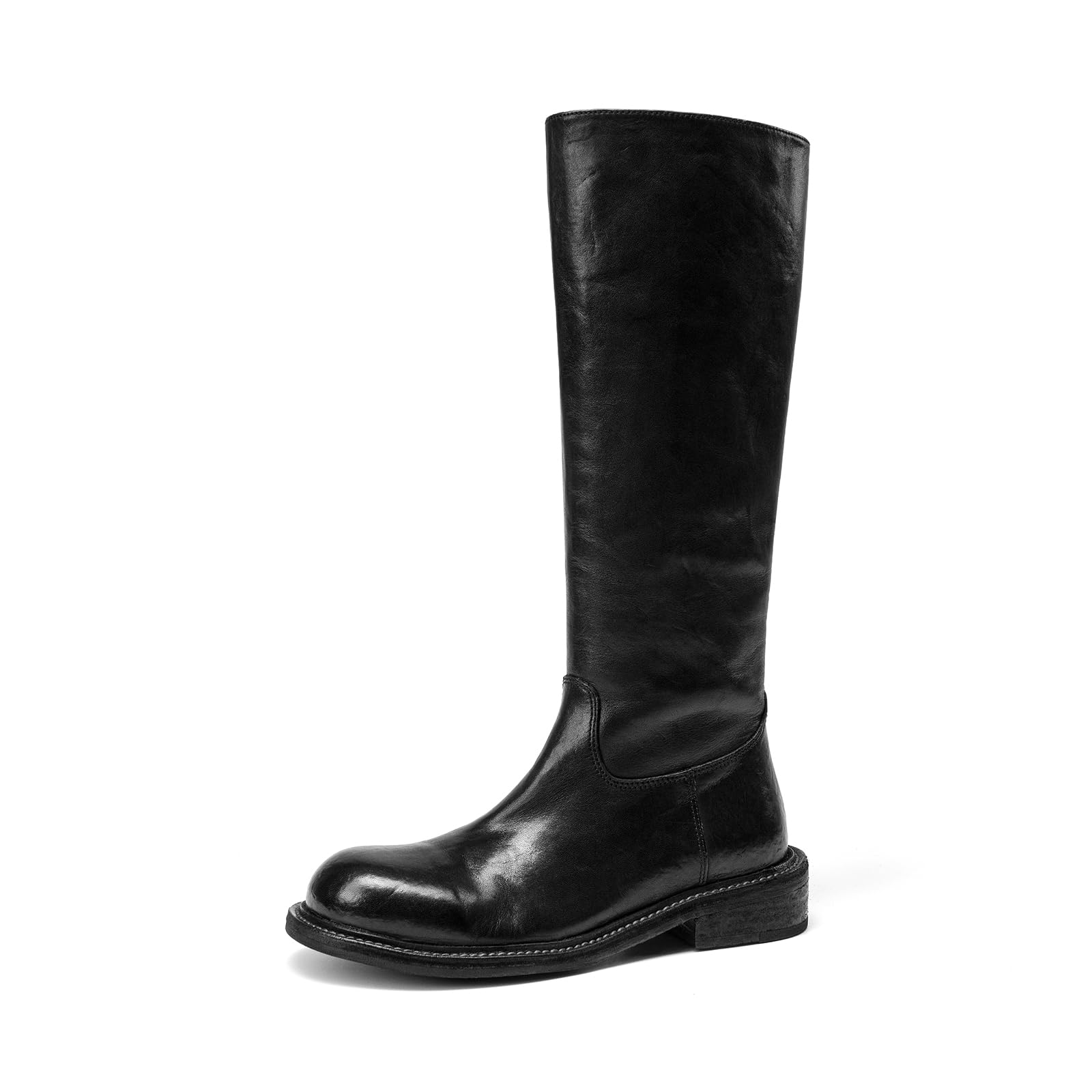BEAU TODAY Knee High Boots for Women Horsehide Side Zipper Motorcycle Boots Fashion Comfortable Casual Dress Low Heel