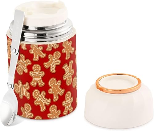 MCHIVER Tarro de comida de pan de jengibre de Navidad para hombres con cuchara de acero inoxidable aislado al vacío, recipiente de alimentos de 17