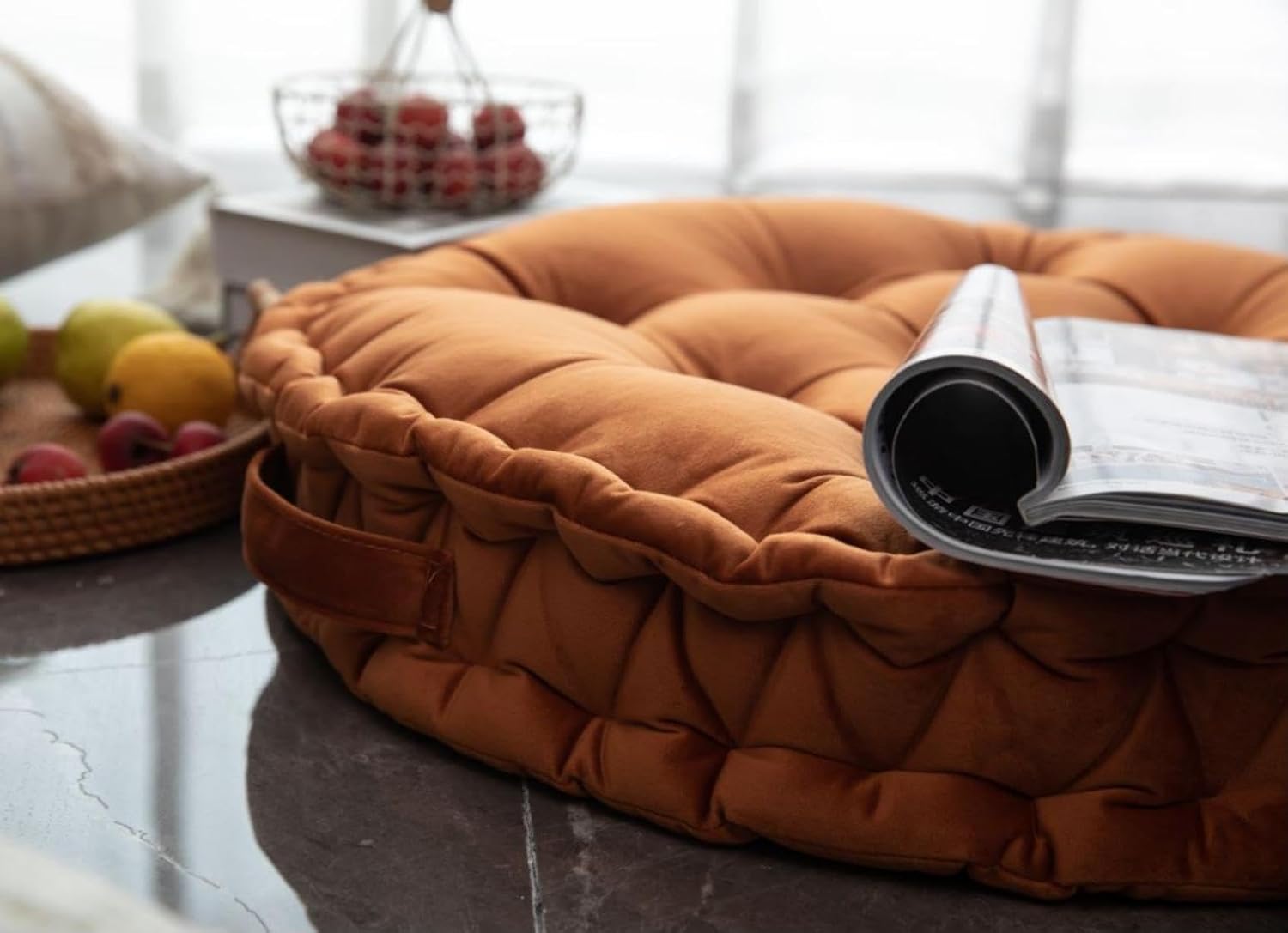 MOJUN Round Floor Pillows, Large Solid Color Dutch Velvet Floor Seating Cushion with Handle for Adults, Thicken Round Meditation Pillow Floor Cushion for Yoga Living Room Chair Tatami, Orange