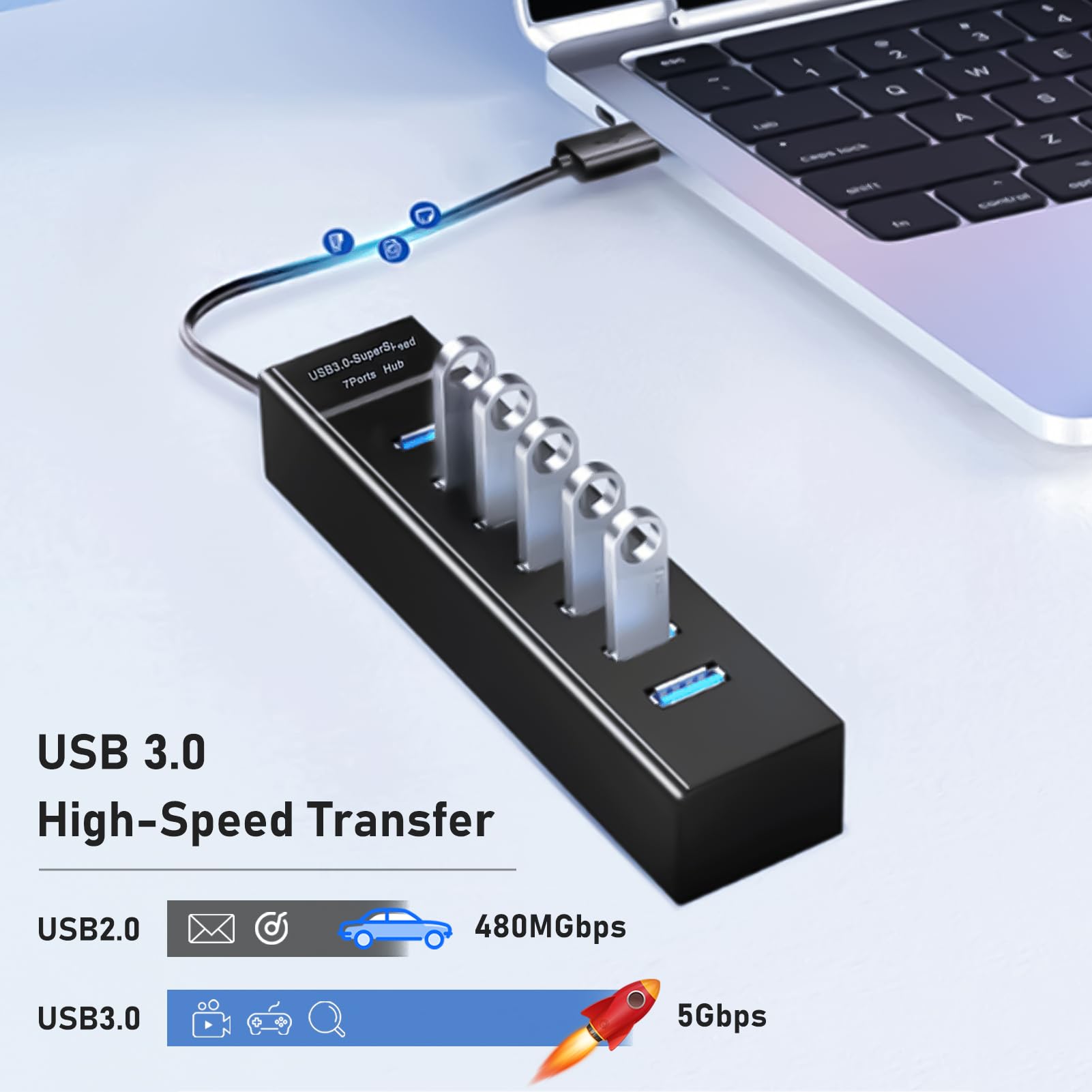 Hub 7 portów USB 3.0, rozdzielacz 5 Gbps z kablem 100 cm, super Speed Hub, adapter multiportowy, kompatybilny z laptopami, drukarką, myszką, klawiaturą, Xbox, PS4, napędem flash, adapterem OTG