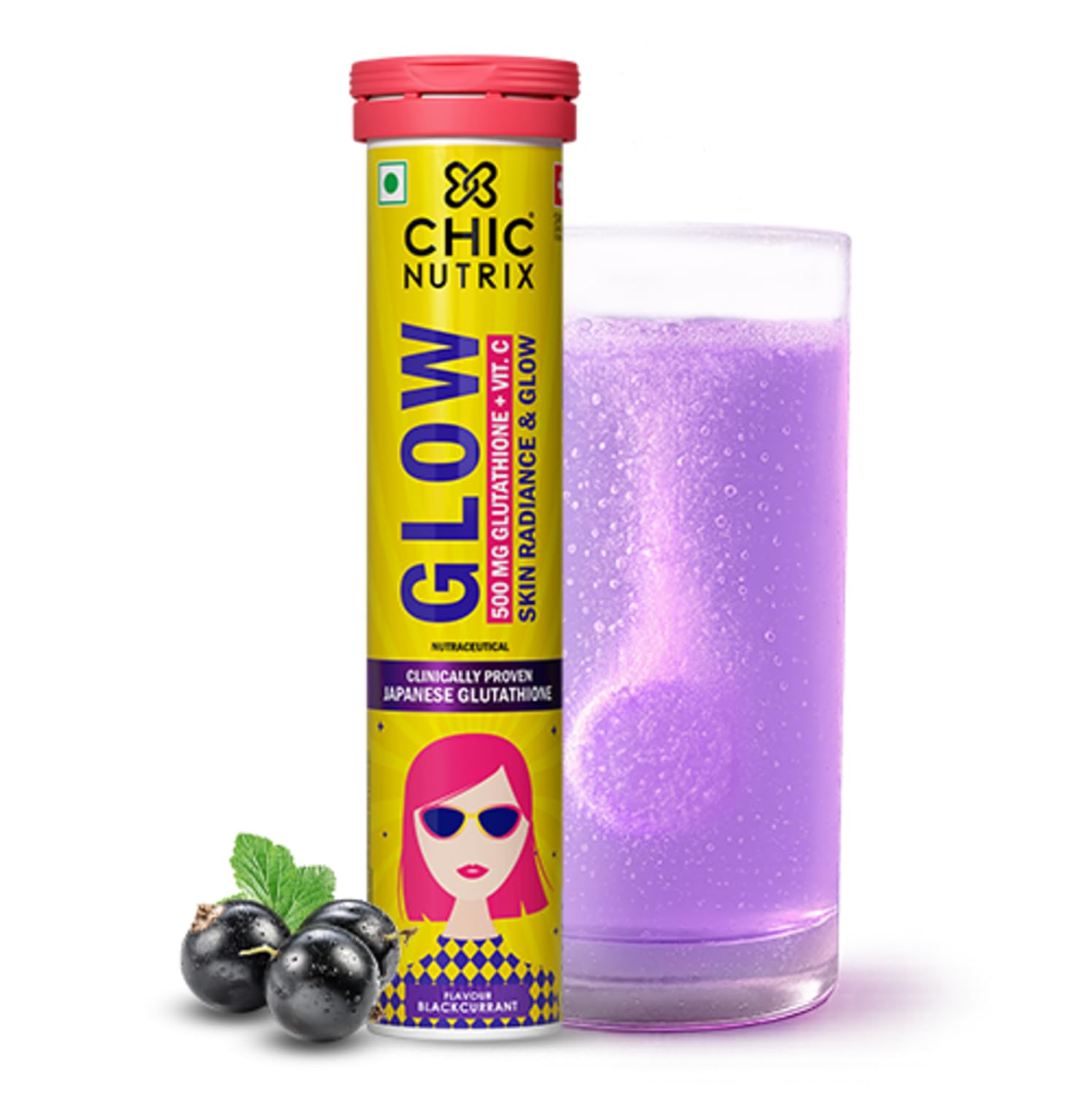 Chicnutrix Glow Glutathione Effervescent Tablets with Vitamin C |Japanese Glutathione 500mg For Radiant, Even-Toned and Glowing Skin | Sugar-Free| Blackcurrant Flavour | 20 Tablets