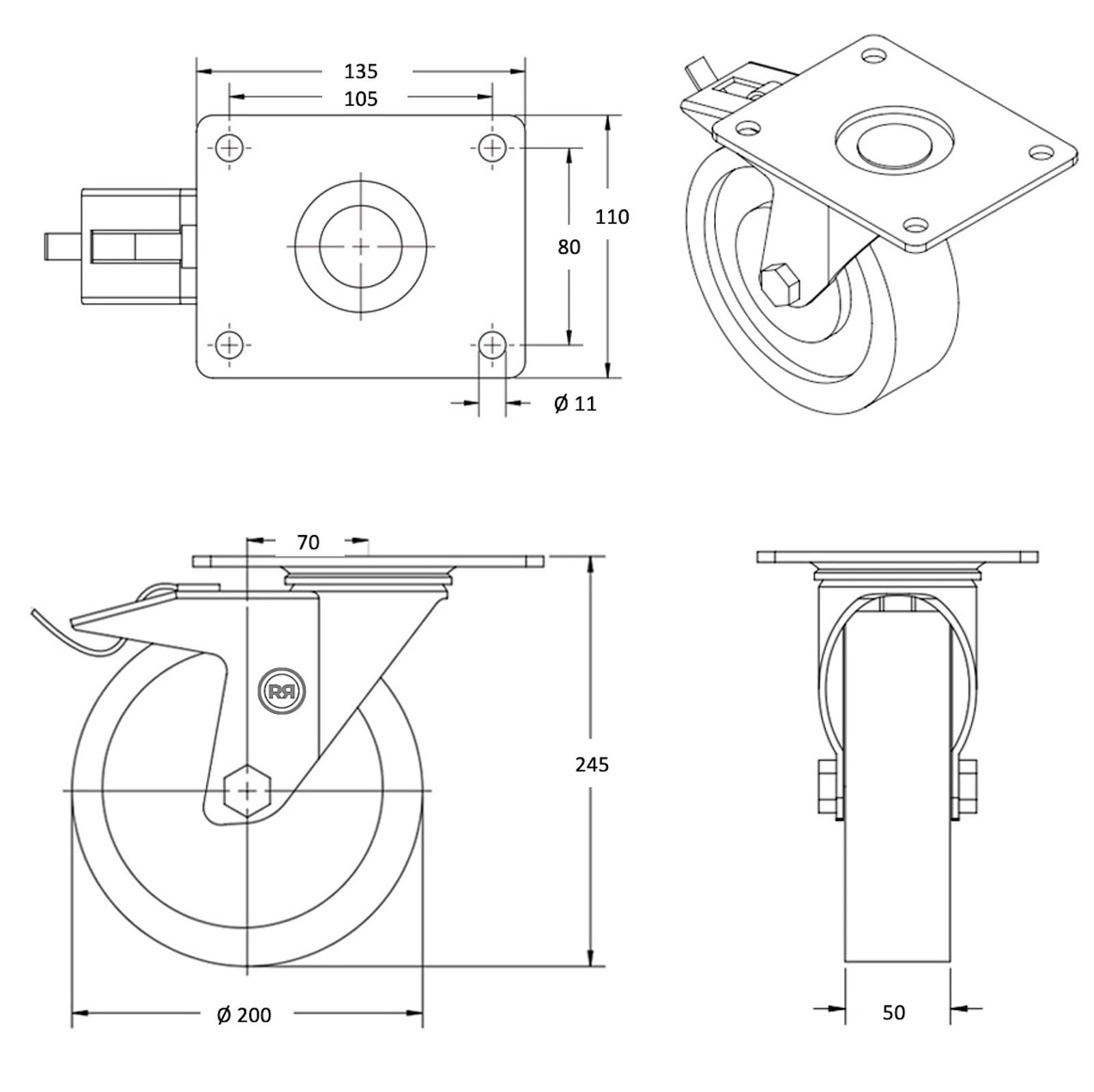Roulette pivotante à frein diamètre 200 mm roue polyamide 6 blanc renforcée - 1000 Kg