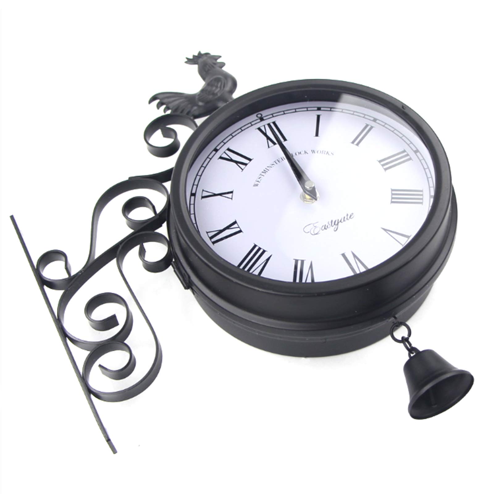 Horloge murale de gare double face antique - Cadran de 20 cm - Batterie rétro - Revêtement imperméable noir - En métal - Pour gare, couloir ou jardin