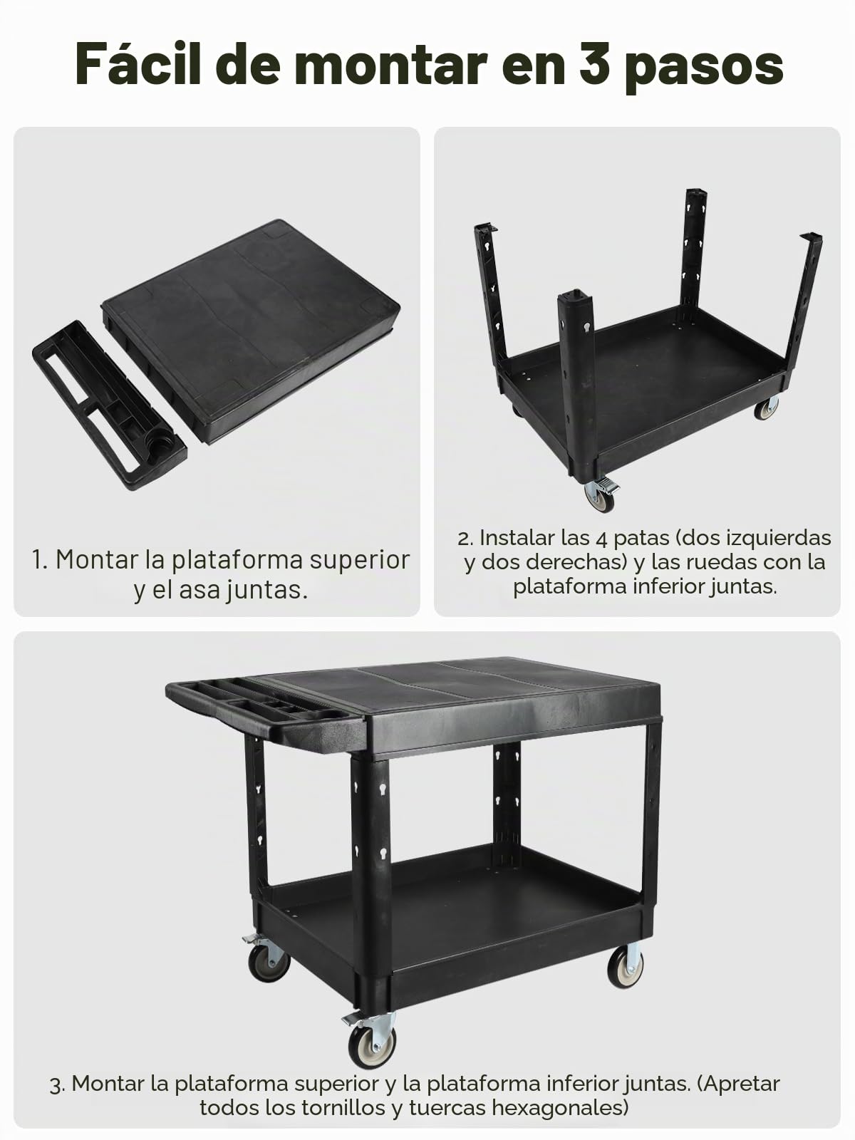 600 libras Carro Utilitario Sobre Ruedas, Kalolary Carro Rodante Capacidad Adicional 2 Niveles Carro Servicio Grande Multiusos con Asa Organizador Almacenamiento Negro Carro Herramientas Móvil Almacén