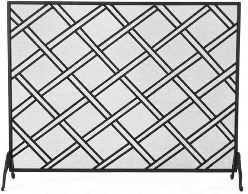 Large Black Metal Mesh Fireplace Screen - Free Standing Fire Guard, Ornate Design, 43.3" x 10.2" x 34.8", Perfect for Living Room & Bedroom Décor, Spark Protection.