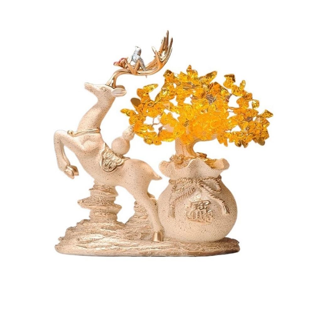 Fortune Crystal Trees Home Fortune Deer Ornament, Citrine Money Tree, Living Room Entryway Wine Cooler Decorations(Beige)