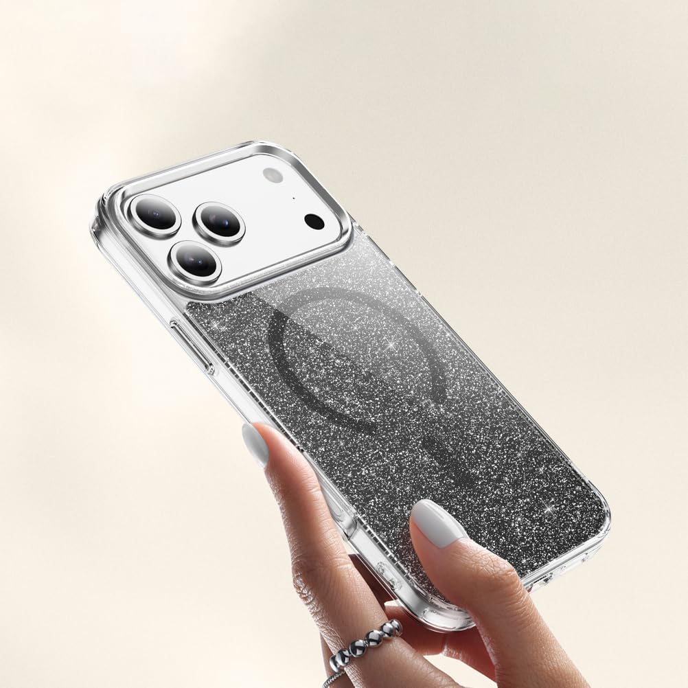 Magnetisch Hülle für iPhone 17 Pro Max/17 Pro/17 Air/17, Dünne Glitzer rutschfeste Schutzhülle Unterstützt Drahtloses Aufladen Handyhülle,Schwarz,17 Pro