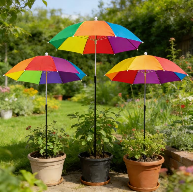 TerraWeave 3 Pack Upgraded+ Plant Umbrellas for Outdoor Plants，26' Larger Garden Plant Umbrella Shade，43.3” Tall Sun Shade Cover with Adjustable Angle for Potted Plant，Garden Beds Compatible with & Raised Garden Beds, Defends Against Blazing Sun Intense & Heat (Plant-3)