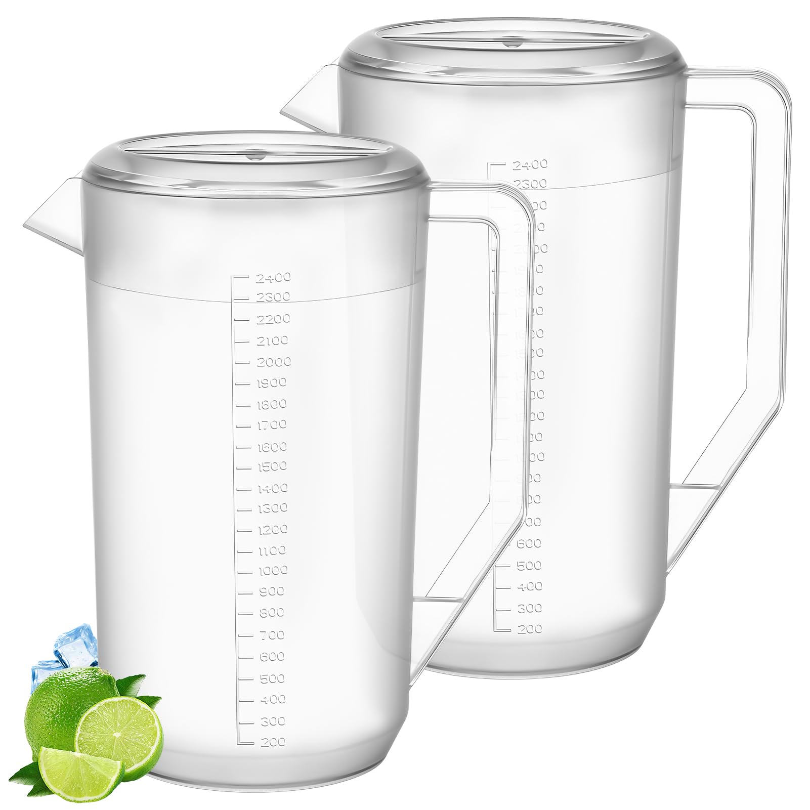 saerryor 2 Pack Plastic Jugs with Lid, 2.4 Litre Clear Water Pitcher with Scale and Handle, Unbreakable Beverage Pitchers Fridge Jugs for Milk Juice Iced Tea Lemonade