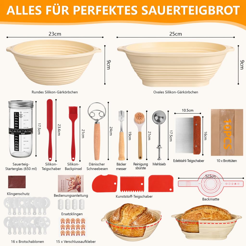 Kit Levain 24 Pièces, Bannetons Rond & Ovale avec Lame à Pain, Grattoir, Tapis Silicone, Bocal à Levain et Accessoires – Kit Boulangerie Débutants & Pros