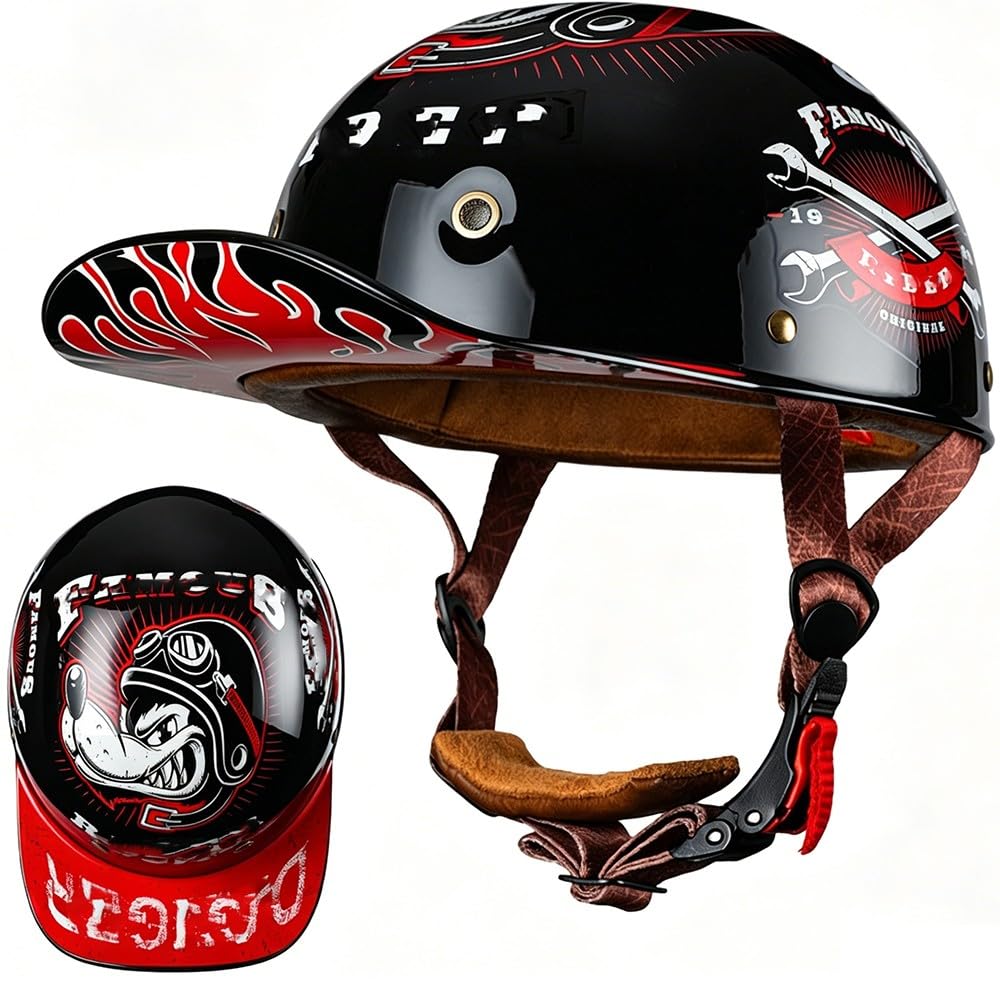 WZGGTEAM Vintage Motorcycle Half Helmet – Half Shell Helmet with Baseball Cap Design, DOT/ECE-Certified, with Face Shield Quick Release Button, Suitable for Scooter, Cruiser Chopper