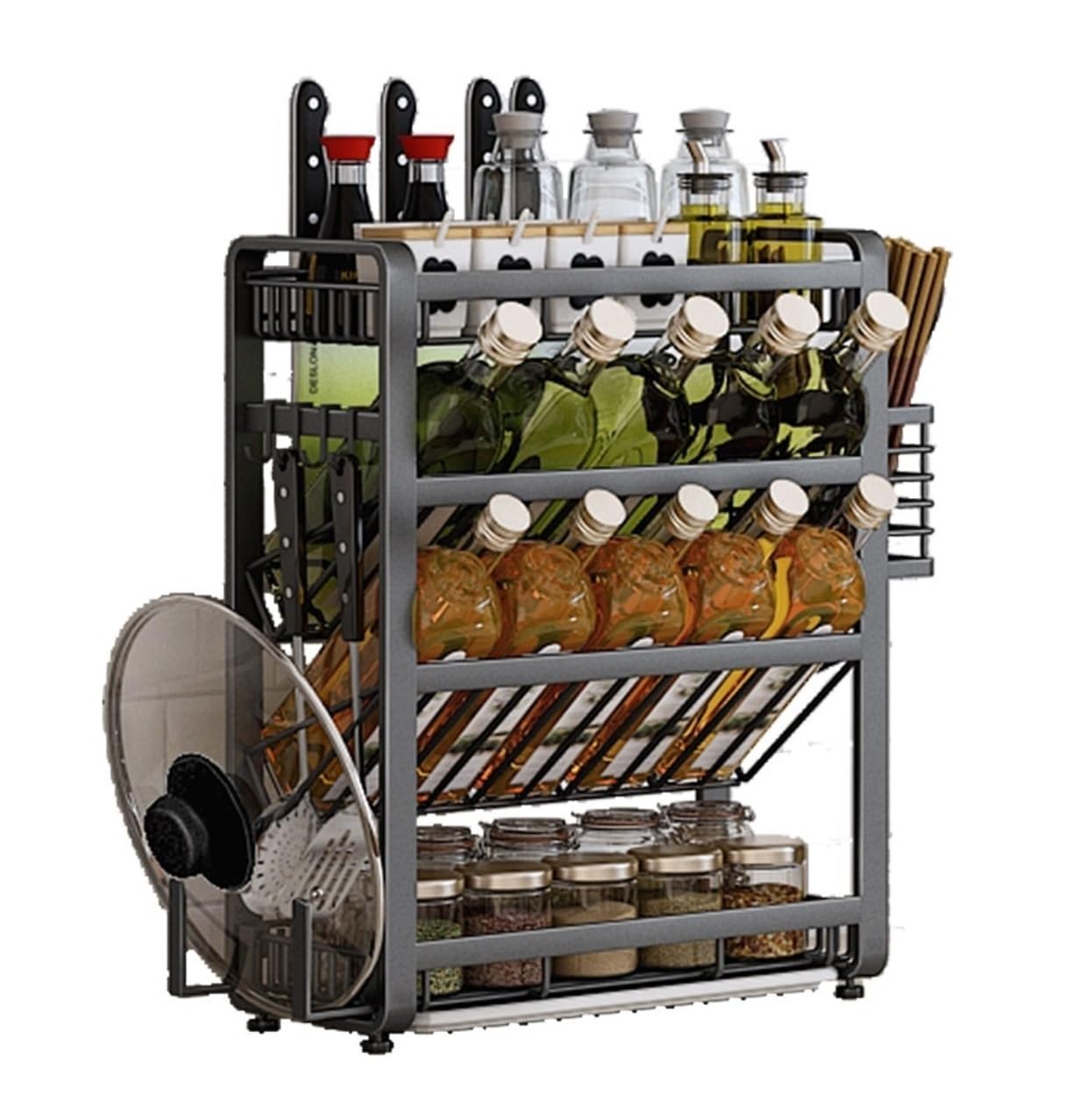 HADECOLL Kitchen Storage Rack 4 Tier Spice Rack With Cutting Board Holder And Chopstick Holder Stainless Steel For Countertop Kitchen Organizer Kitchen Cabinet Storage