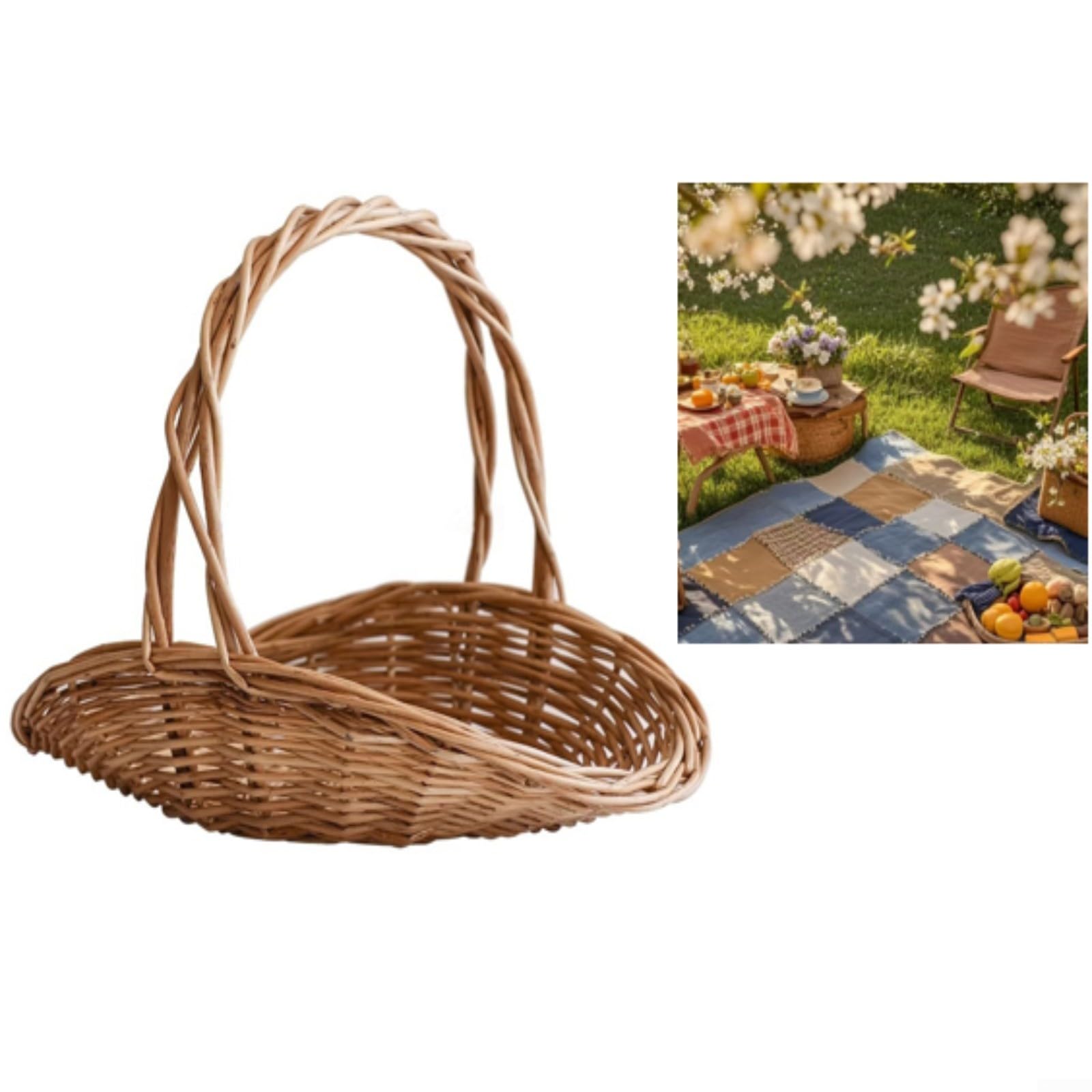 Cestino da picnic ovale intrecciato a mano in vimini con manico robusto, rattan marrone naturale, piccolo 23 x 16 x 23 cm o grande 30 x 24 x 25 cm, ideale per cene all'aperto, conservazione