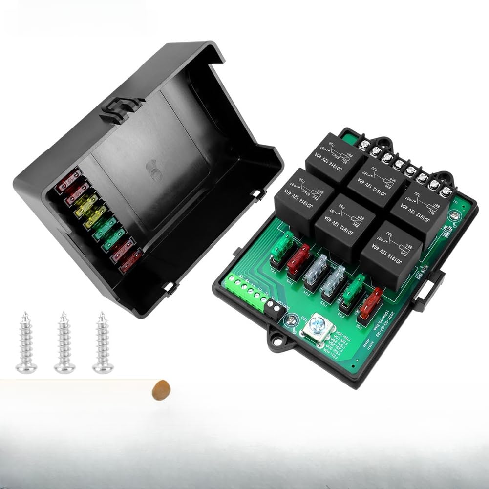 Zoegneer Caja de relé de fusibles automotrices de 6 vías de 12 V con 14 eslabones de fusibles medianos, luces indicadoras LED, carcasa de nailon resistente al fuego, terminales de cobre, diseño