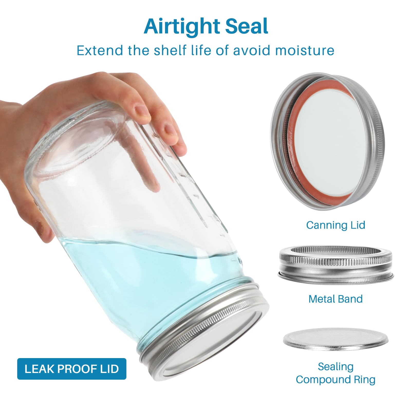 Lot de 6 bocaux Mason en verre de 950 ml avec couvercles et bandes argentés – Pour conserver les aliments en conserve, avoine pendant la nuit, mariner, fermenter, décorer