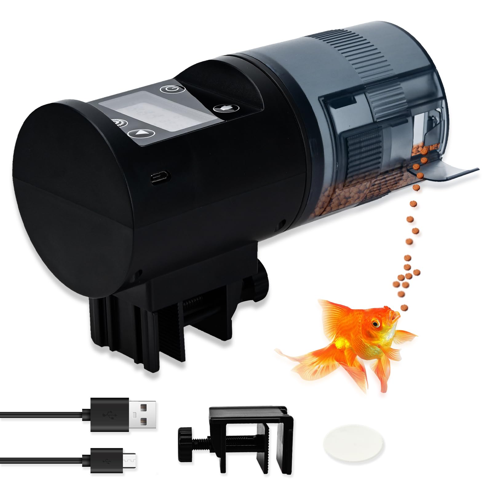 Podazz Alimentador automático de Peces, Recargable por USB, 200 ml, dispensador de Alimentos para Acuario con Pantalla de Tiempo de alimentación, alimentador eléctrico a Prueba de Humedad para