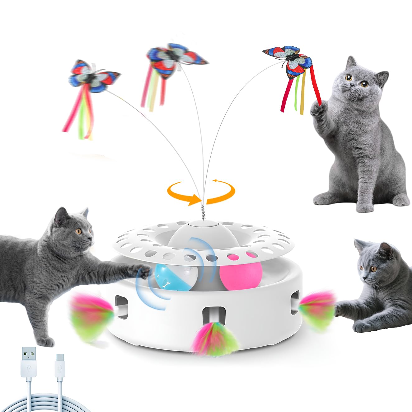 Soarer Interaktives Katzenspielzeug 3-in-1 Automatisches Kätzchenspielzeug, Schmetterling Tanzen, Schießen Federn, 4-teiliges Spielzeug Ersatz, Trackball, Dual Power Modus Geeignet für