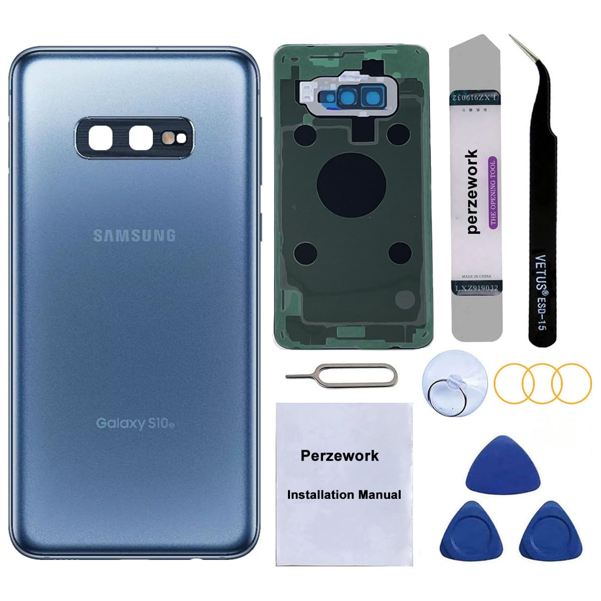 Perzework Rear Back Glass Replacement for Samsung Galaxy S10e 5.8inches with Reparing Toolkit and Pre-Installed Camera Lens (Prism Blue)