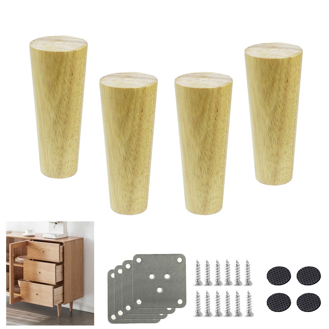 4X Gambe per Tavolo in Legno massello Gambe per mobili in Quercia,Gambe per divani affusolate in Legno,Piedini di Ricambio per armadietto,per Divano, Poltrona, Divano a Due posti, Tavolo da Pranzo,