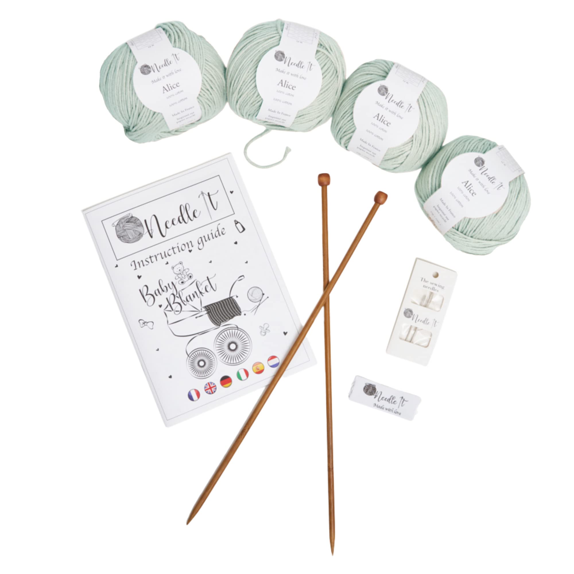 Kit Tricot pour débutant complet avec aiguilles à tricot – Couverture bébé à tricoter soi-même (vert)- Idée Cadeau