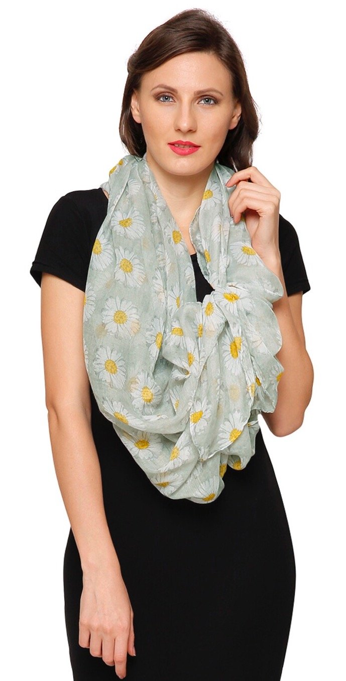 World Of Shawls Women's Silver Daisy Print Celebrity Style Long Scarves Maxi Scarf, Stole, Wrap, Sarong, Shawls (Silver)