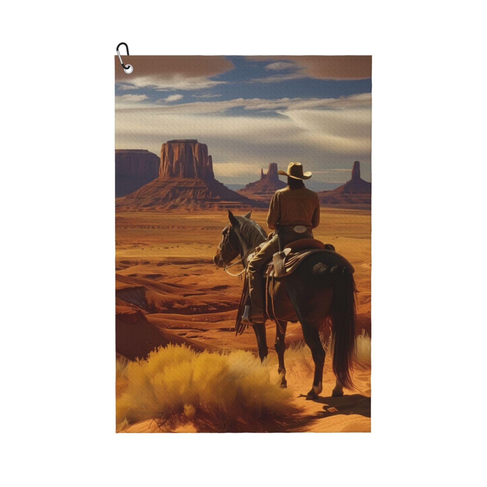 AOOEDM Western Desert Cowboy Cloud Print Golf Towel with Carabiner Clip Absorbent Microfiber Golf Towel for Cleaning Golf Ball Club Putter Iron for Golf Bag Trolly Belt Loop 16" X 24"