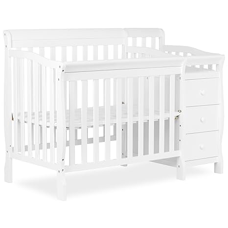 Dream On Me Jayden 4‑in‑1 Mini Convertible Baby Crib & Changer with Storage in White, Pinewood, GreenGuard Gold & JPMA, 1” Mattress Pad, 3 Mattress Heights, Converts to Mini Day & Twin-Size Bed