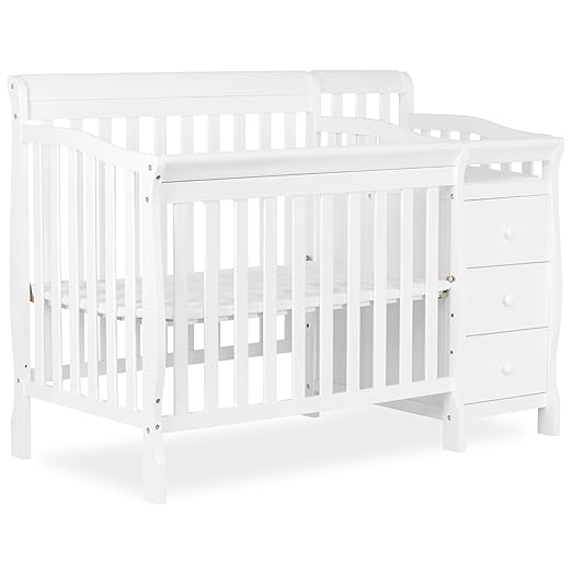 Dream On Me Jayden 4‑in‑1 Mini Convertible Baby Crib & Changer with Storage in White, Pinewood, GreenGuard Gold & JPMA, 1” Mattress Pad, 3 Mattress Heights, Converts to Mini Day & Twin-Size Bed