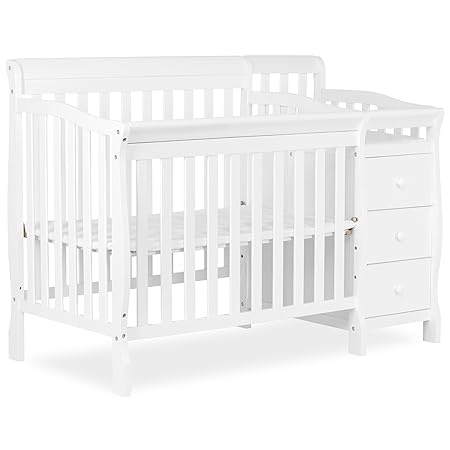 Dream On Me Jayden 4‑in‑1 Mini Convertible Baby Crib & Changer with Storage in White, Pinewood, GreenGuard Gold & JPMA, 1” Mattress Pad, 3 Mattress Heights, Converts to Mini Day & Twin-Size Bed