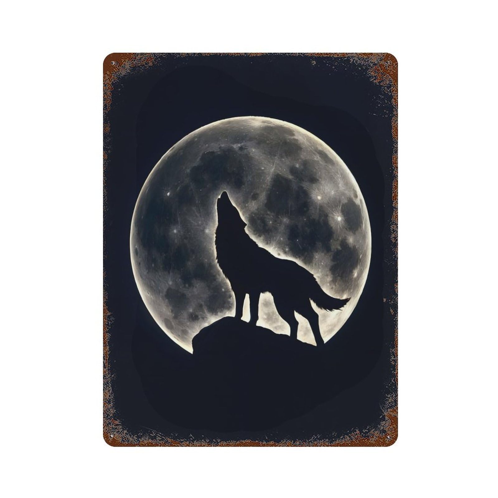 Wolf Howling Under Moon 15.7"x11.8" Rusty Metal Tin Sign, Novelty Wall Decor for Cafe, Home Bar And Lounge Decor