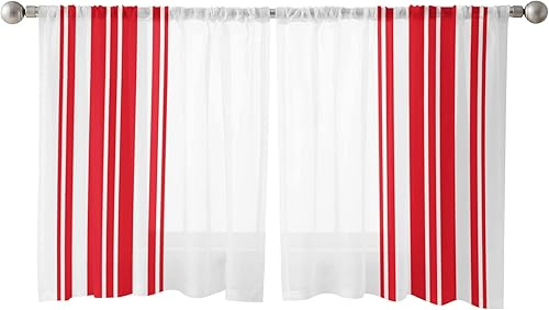Miniatura 3 de Cortinas traslúcidas a rayas rojas de 45 pulgadas de largo, juego de 2 paneles de arte abstracto a rayas blancas modernas, cortinas
