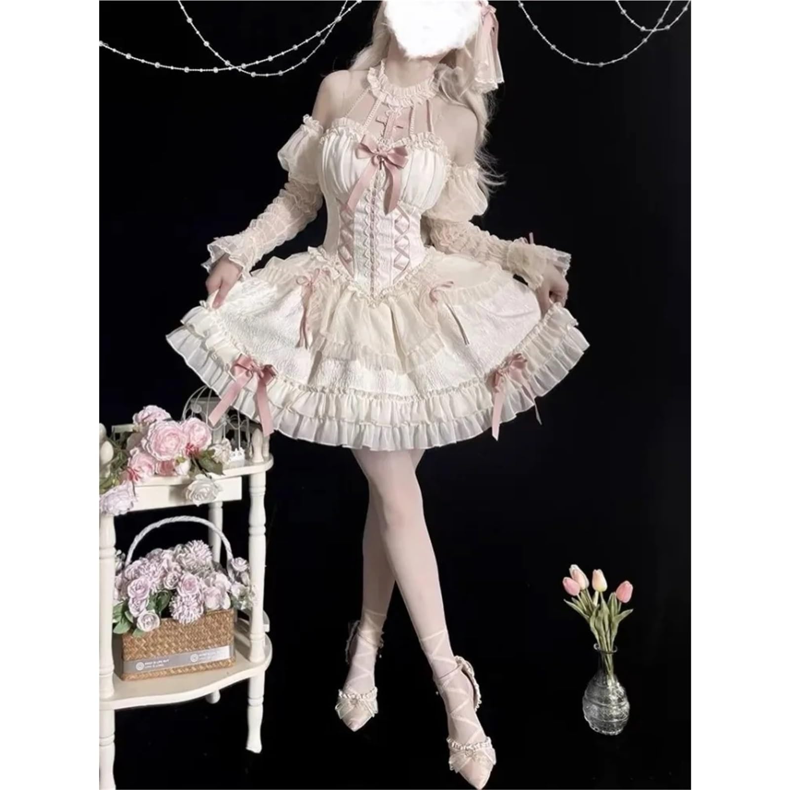 Vestido Corto Femenino de Verano Estilo Harajuku Lolita, Estilo gótico, con Cuello Halter, Hombros Descubiertos, Manga Larga, Estilo Kawaii, Ajustado con Lazo para Fiestas, mascaradas(S)