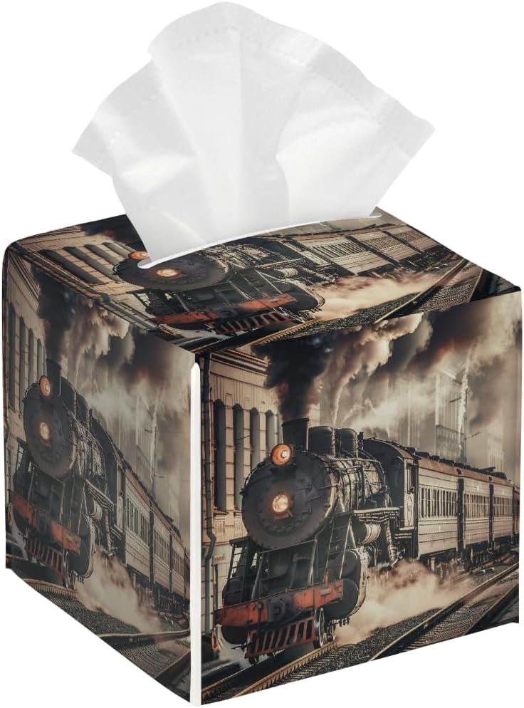 Tissue Box Cover Square Retro Steam Train PU Leather Tissues Cube Organizer