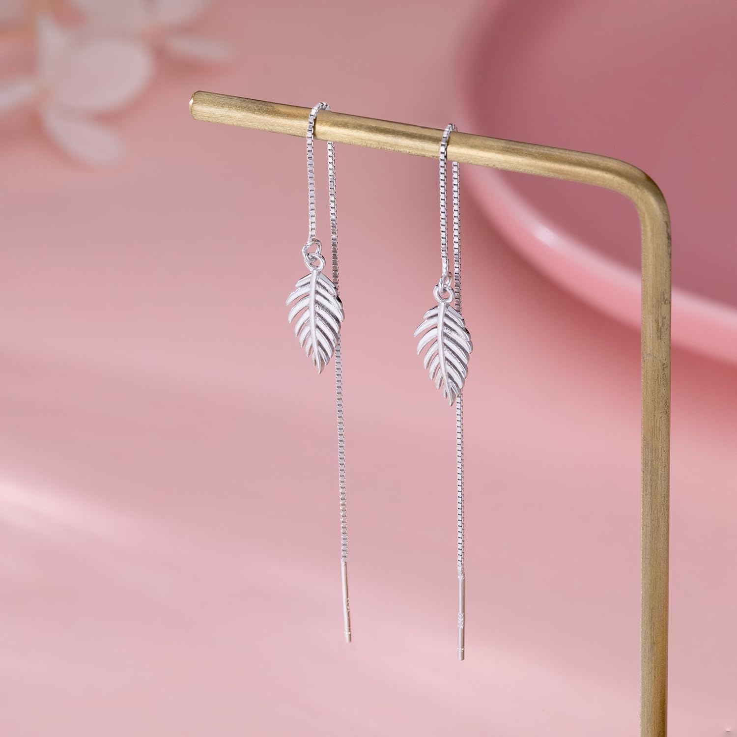SLUYNZ Solid 925 Sterling Silver Leaf Dangle Earrings Chain for Women Leaf Drop Earrings Threader Tassel