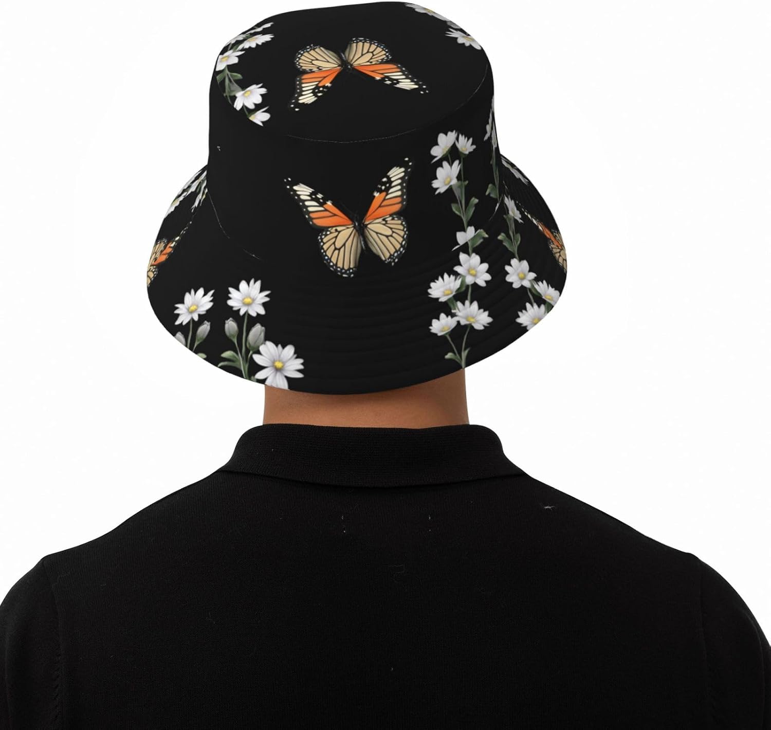 Dancing Butterfly Prints Summer Outdoor Travel Bucket hat, a Beach Sun hat Suitable for Both Men and Women Black