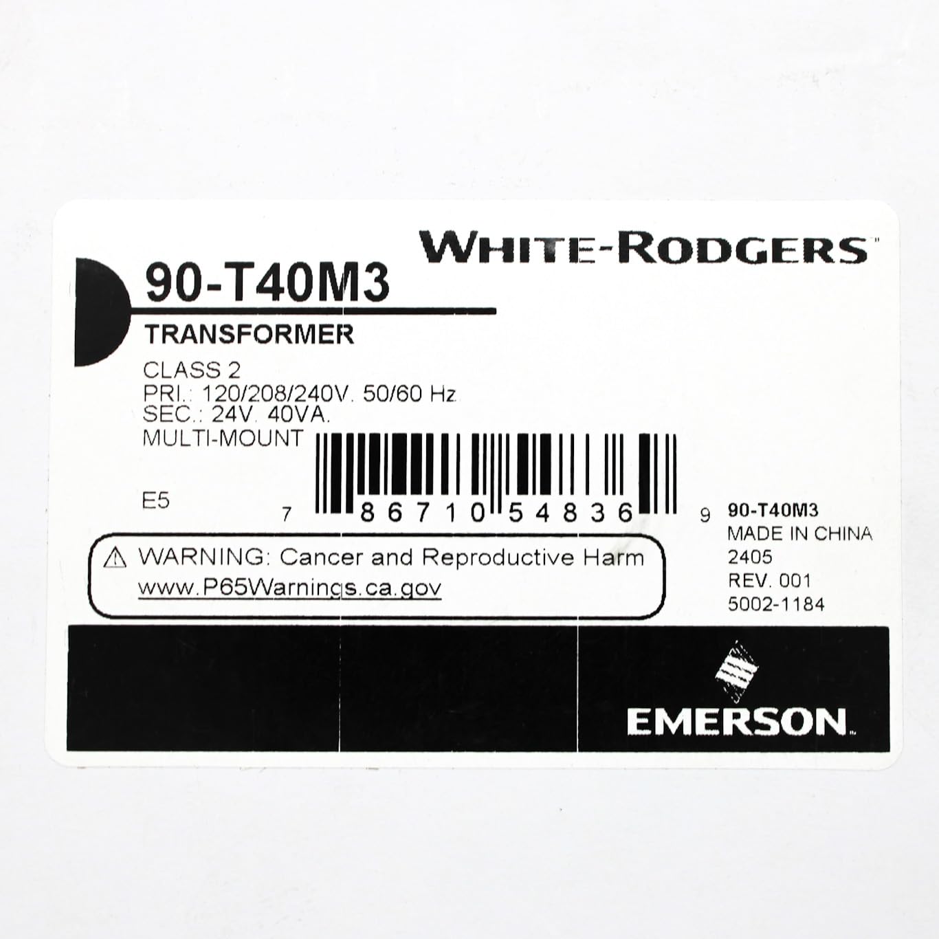 White-Rodgers 90-T40M3 Class 2 Transformer, 40Va, 24Vac, Multi-image-34