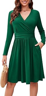 Actcat V-Neck Pullover Dress Long Sleeve Casual Dresses Autumn Dress Women's Floral Party Dresses with Pockets