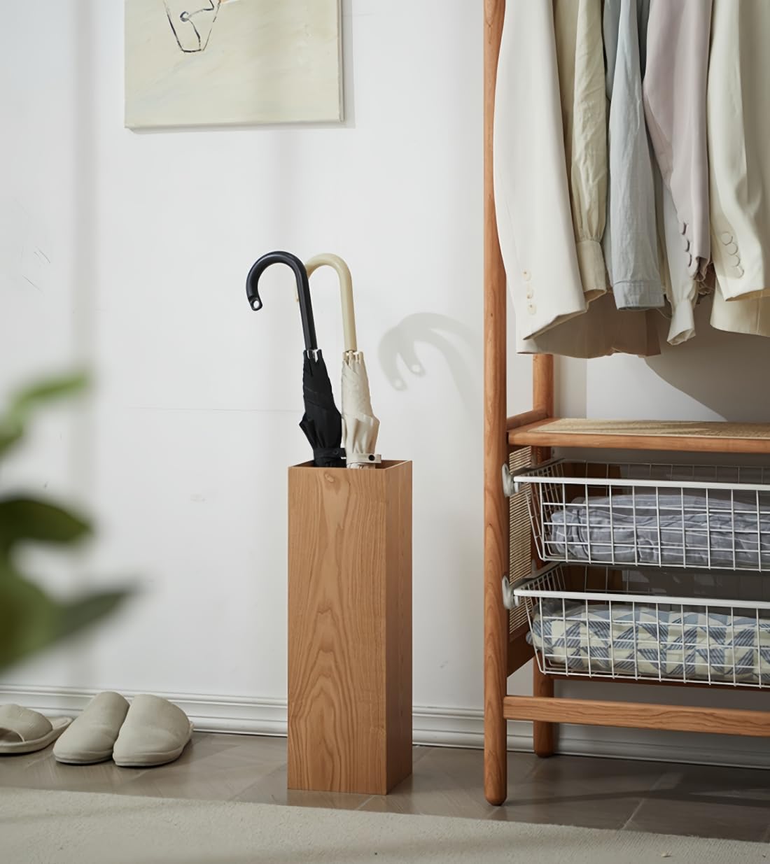 Amazon｜zhangmingyu 木製 傘立ては 細長いデザインで トレイが付い
