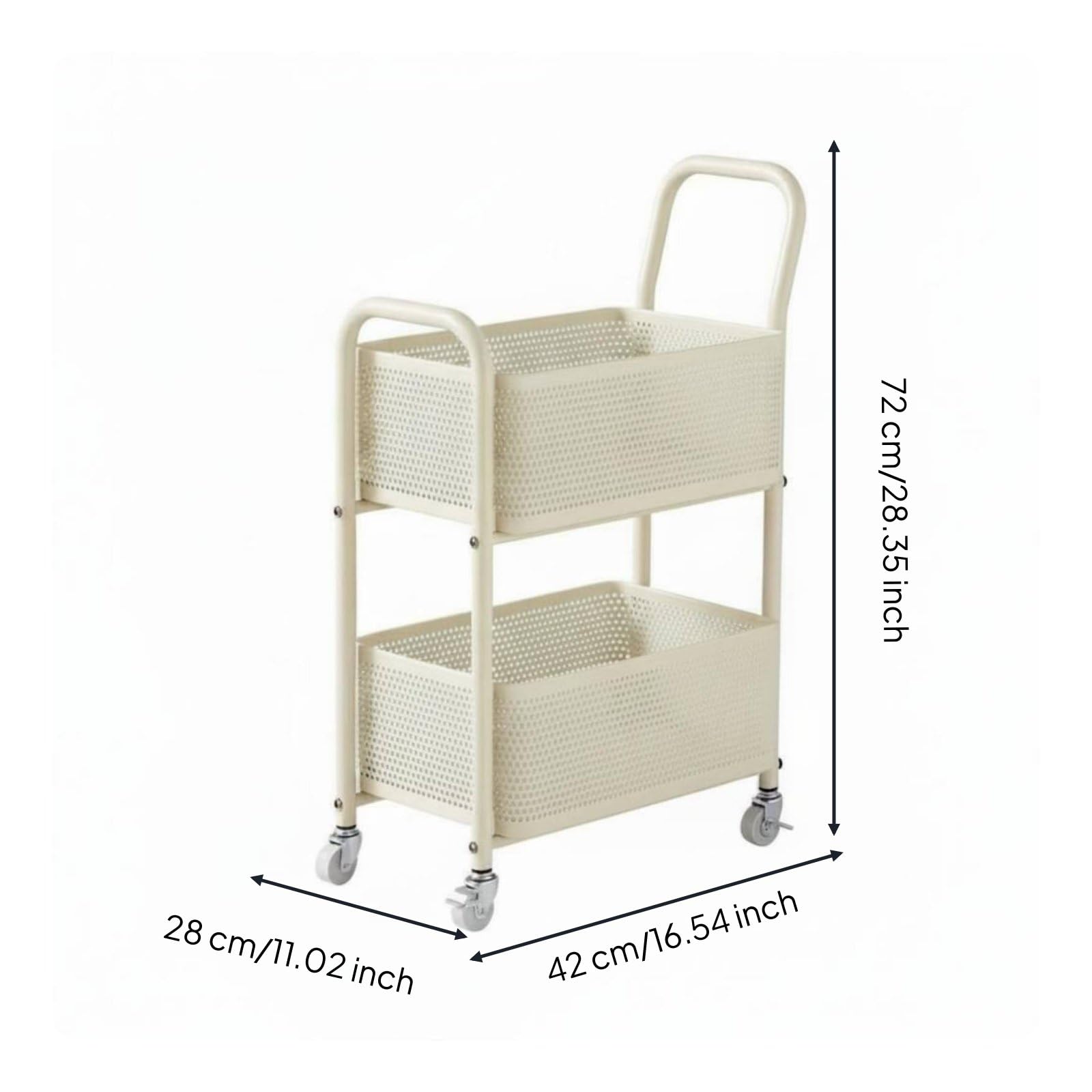 Carrello Portatutto Due Ripiani Carrello con Ruote Cestelli in Acciaio al Carbonio Struttura con Bordo Arrotondato Manico Rialzato Facile da Spostare, Beige