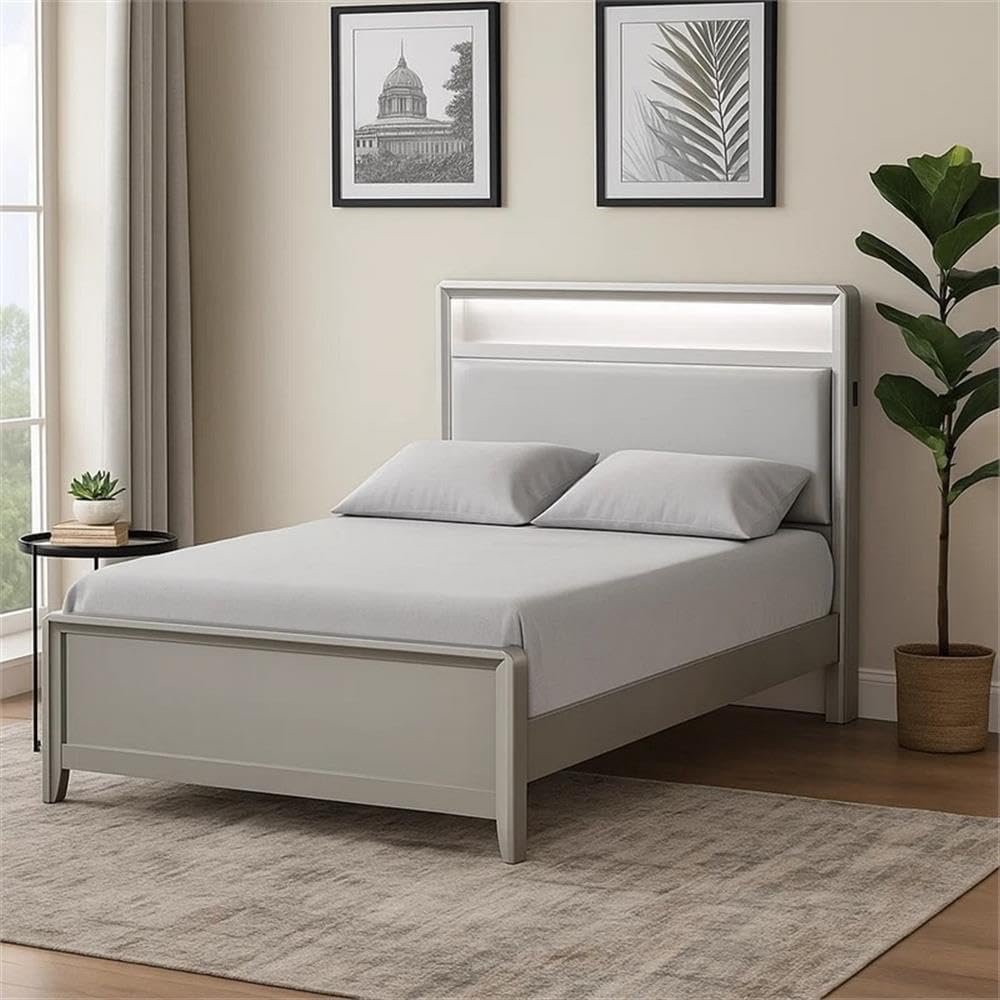 Pemberly Row Twin Size Bed, Solid Pinewood and Birch Veneer, Champagne Silver Finish, LED Bookcase Headboard with USB-A and USB-C Ports, Modern Kids or Guest Bedroom Furniture