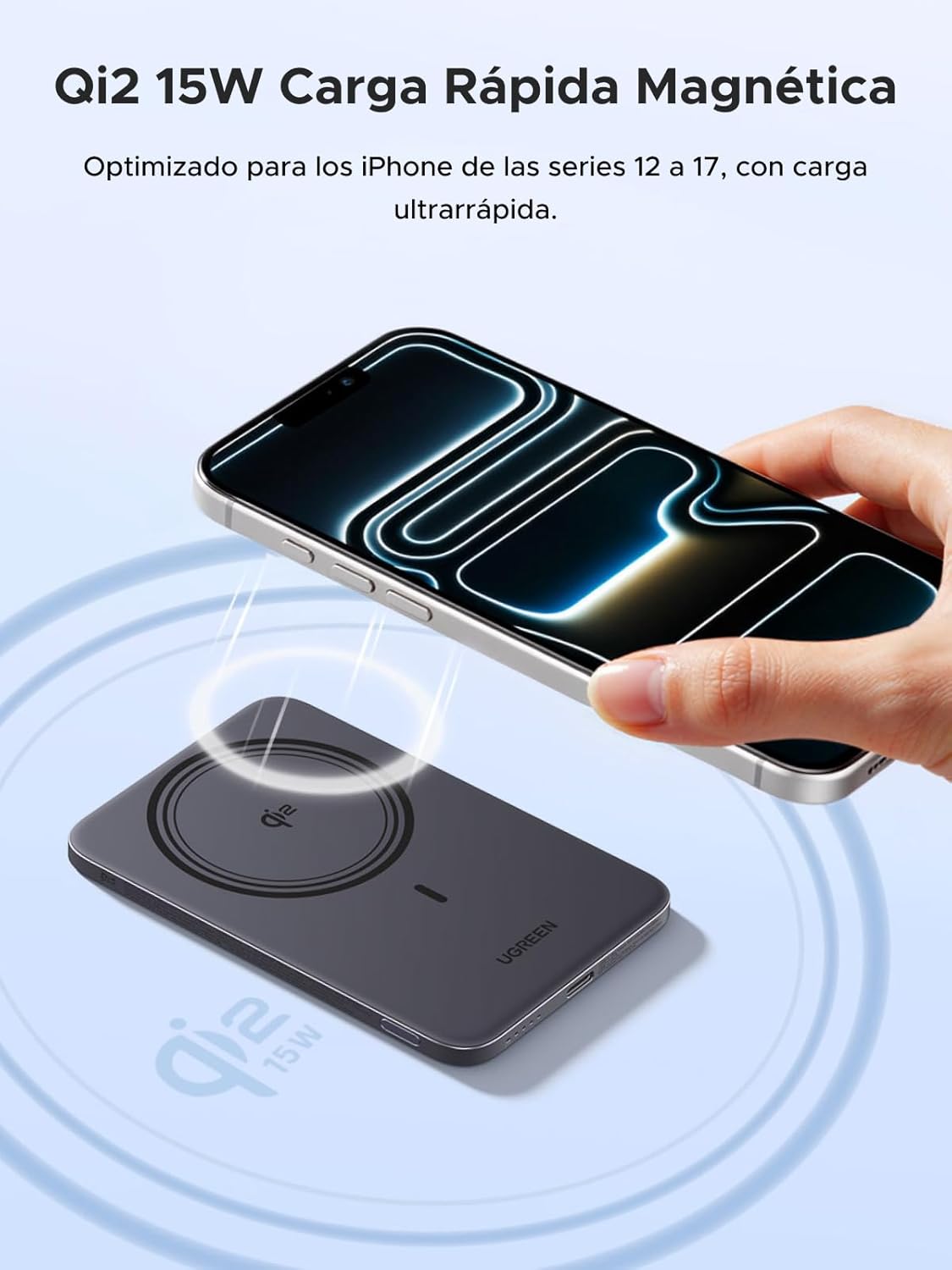 UGREEN MagFlow Air Qi2 15W Ultradelgado Batería Externa 5000mAh Cable USB-C PD 20W Compatible con MagSafe para iPhone 17 16 15 14 13 12 Air Plus Pro MAX Power Bank Carga magnética (Gris) 4