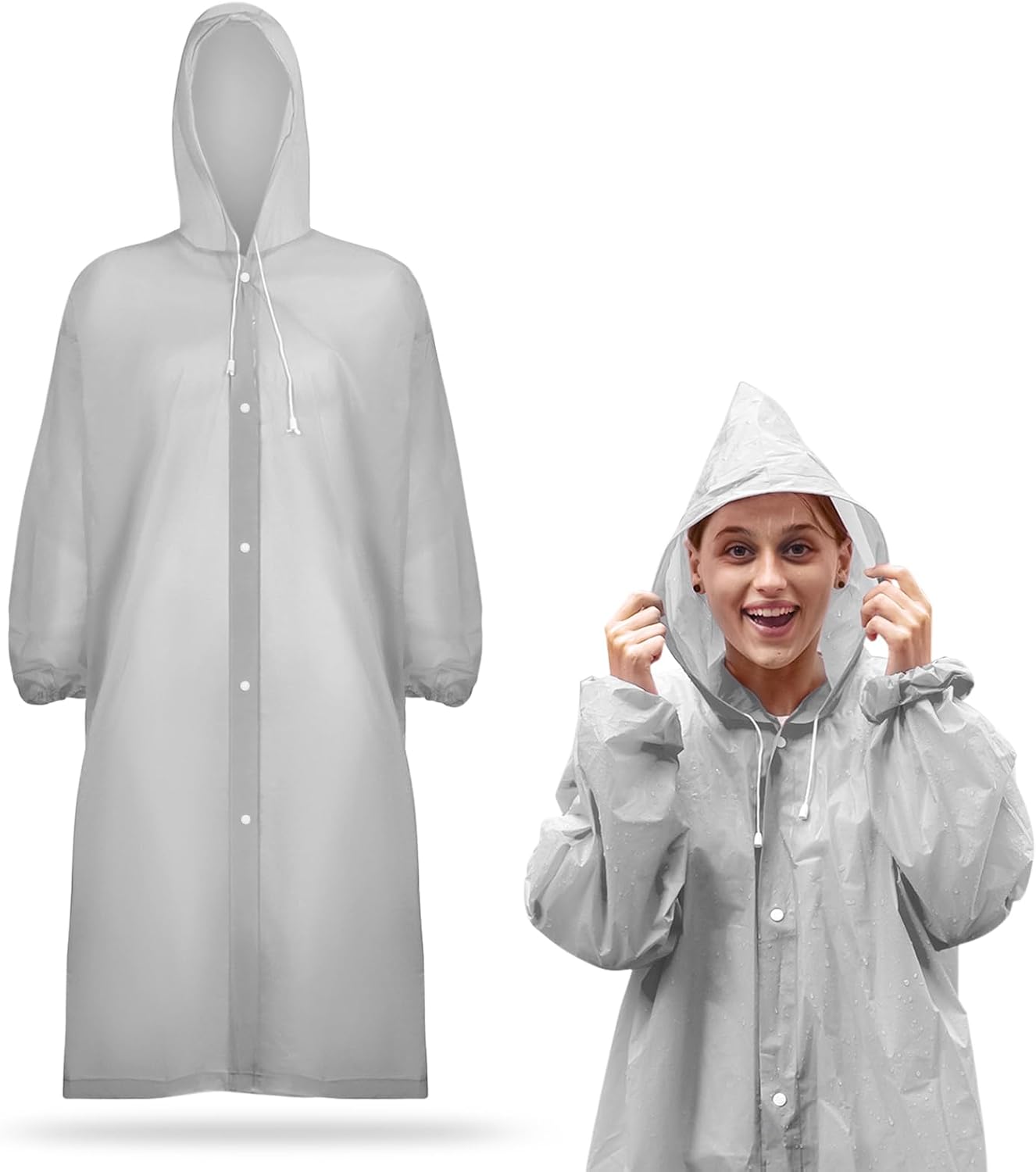 Rain Ponchos for Adults Reusable with Hood Drawstring, Grey