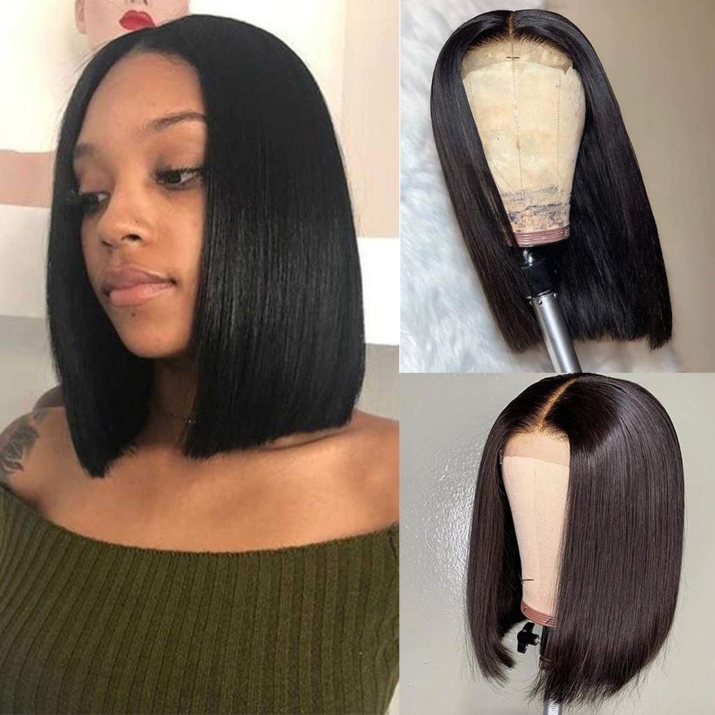 Amazon Com 4x4 Human Hair Lace Front Wigs Straight Bob 12 Inch Lace Closure Bob Wigs Pre Plucked Middle Part Natural Color Beauty Personal Care