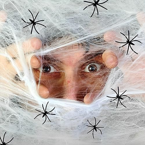 TFSZE 400g Halloween Tela Araña,Telaraña Blanca Decor con 80Arañas Falsas Adicionales,Halloween Telarañas Decoracion,Halloween Telaraña,Súper Elásticas Telarañas Accesorios de Casa Embrujada