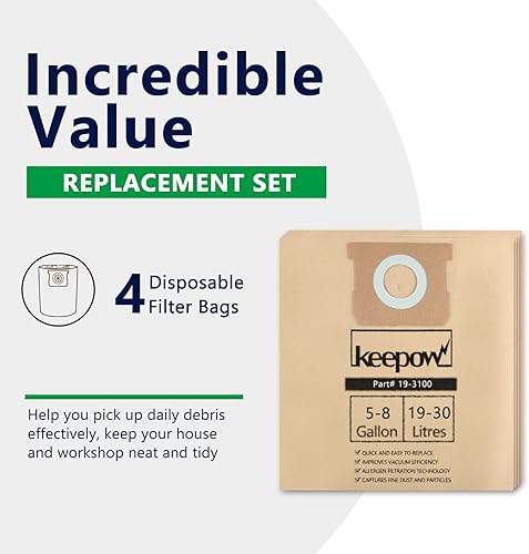 Miniatura 3 de KEEPOW 19-3100 Shop Vac Bags compatibles con aspiradora Stanley de 5 a 8 galones, paquete de 4 bolsas de filtro desechables