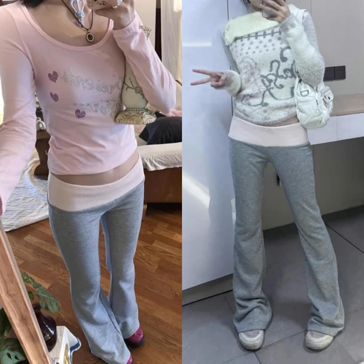Coquette Cute Flare Bell Bottom Y2k Pants for Women