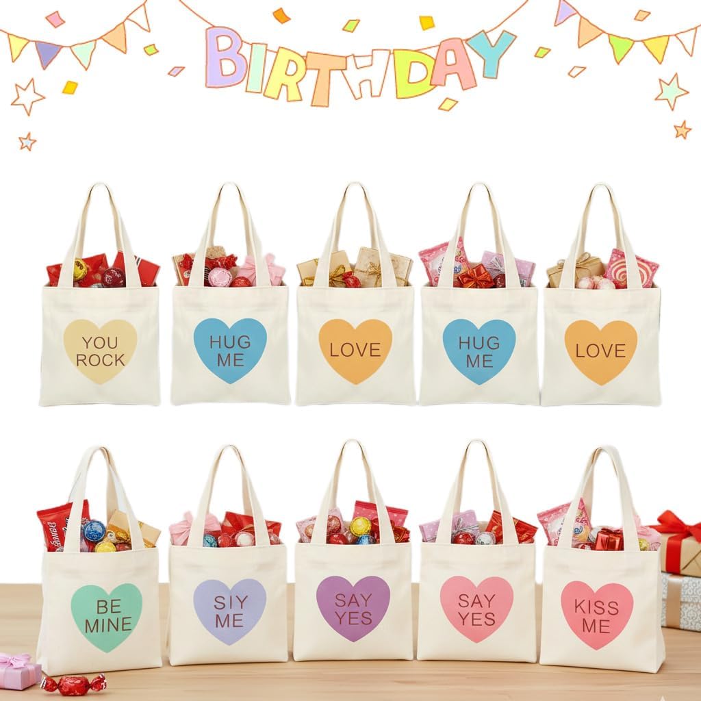 Mini Conversation Heart Bags, 12 Pcs Adorable Valentine's Day Canvas Totes, Reusable Small Gift Goodies Wrapping Pouch for Kids Classroom Exchange, Party Favors & Women Daily Treats (12PCS)