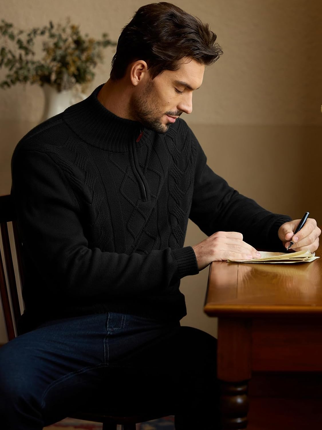 Les umes Mens Quarter Zip Sweater Cotton Mock Neck Pullover Sweaters Warm Long Sleeve Cable Knitted Jumper