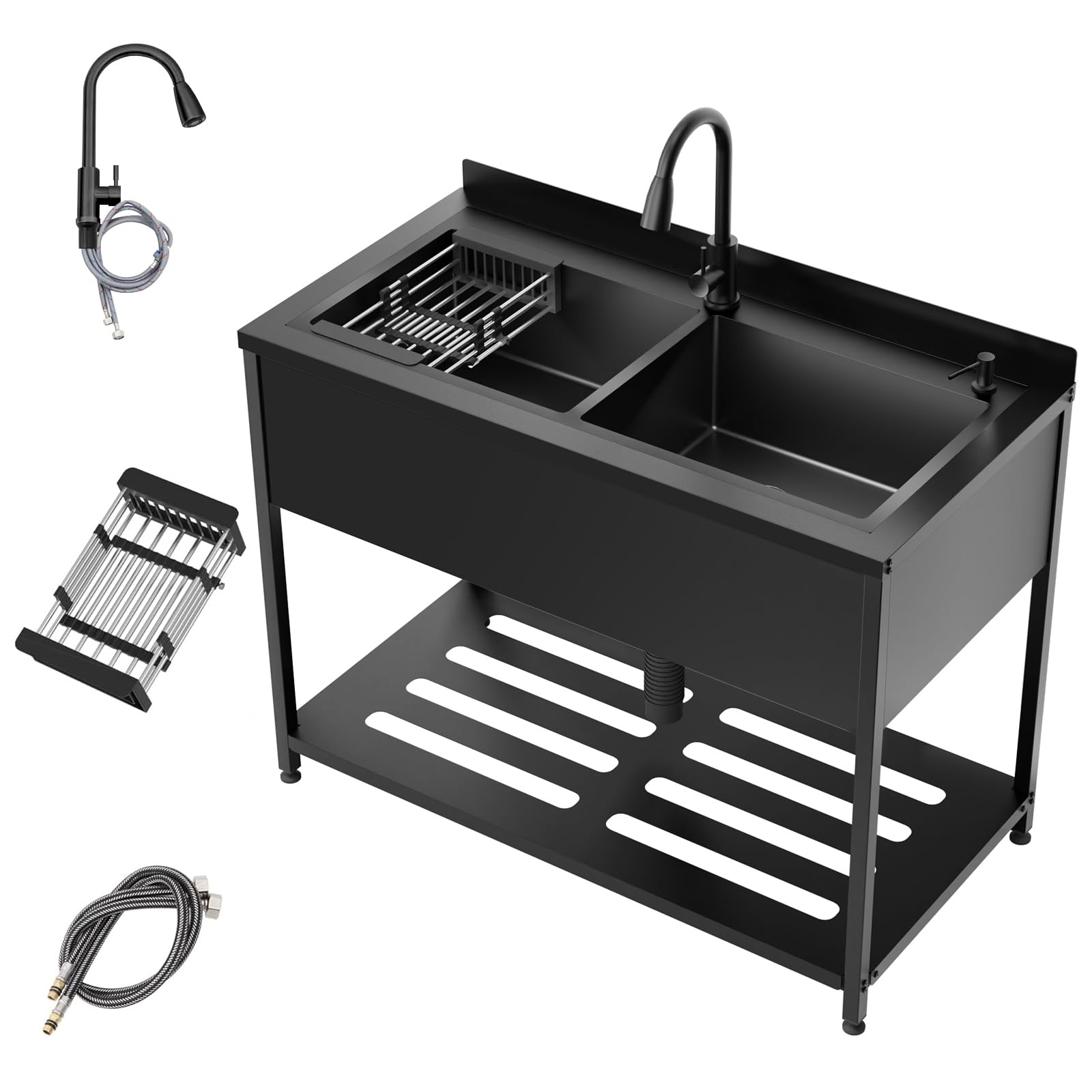 Stainless Steel Utility Sink,47.6" × 24.1" × 36.6",2 Compartment Sink Freestanding Commercial Sink,with Cold and Hot Water Faucet,Hoses and Drain Kit,Freestanding Sink for Kitchens, Bathrooms, Garage