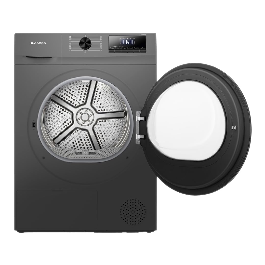 Aspes Secadora Bomba Calor 8Kg, Carga Frontal, Inox, ASB800DDX. 650W, 15 Programas, Función Antiarrugas, Tambor Waterdrop, Control Display LED, Eficiencia Energética Clase D